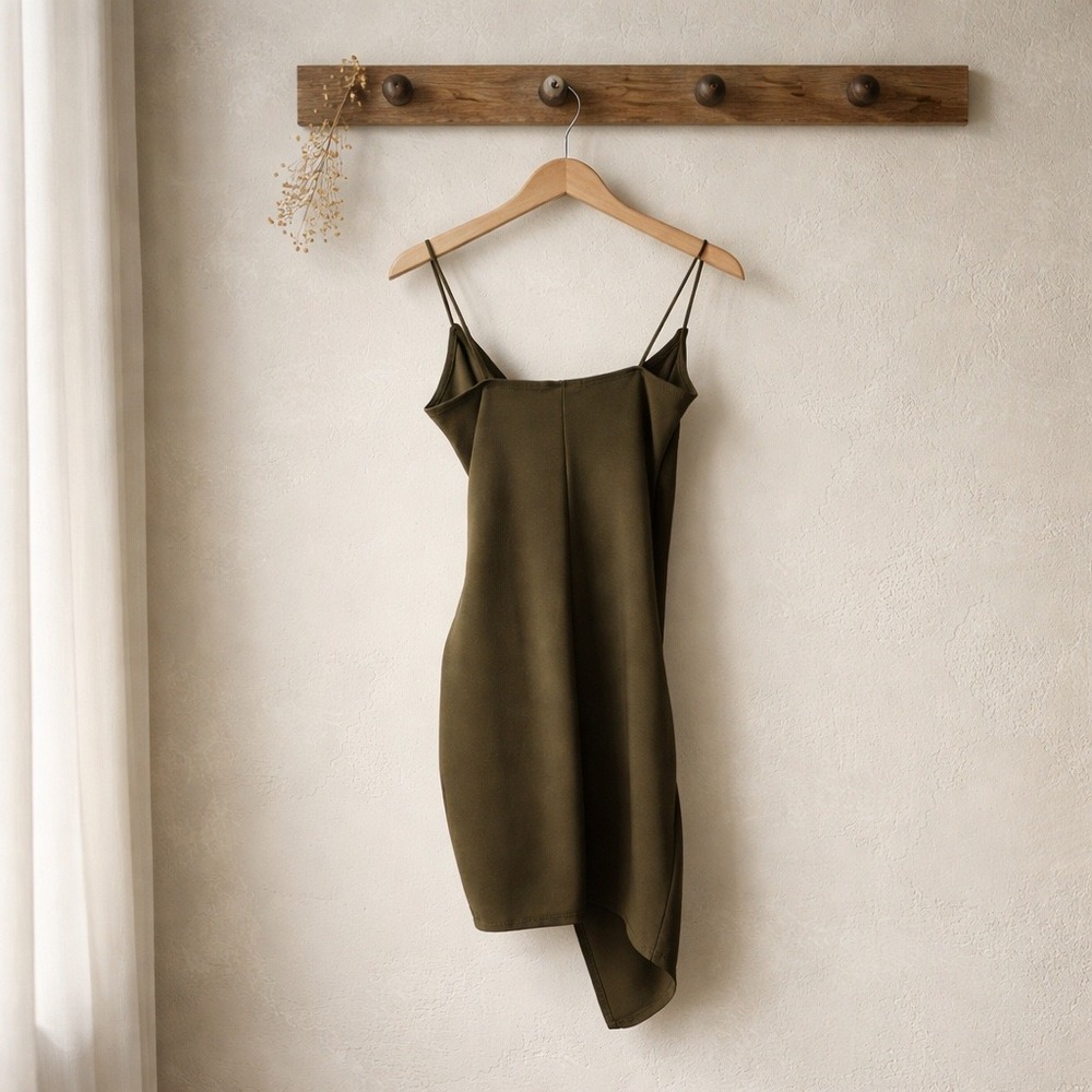 Mind Code Wrap Dress Womens S Olive Green Excellent Ruched Asymmetrical Mini - Picture 2 of 8